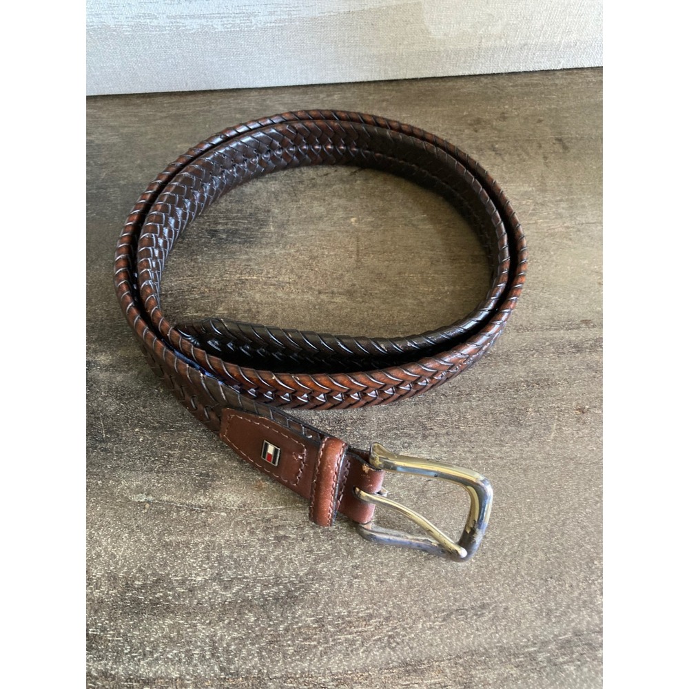Tommy Hilfiger Mens Brown‎ Braided Leather Belt Size 40 Woven Silver Buckle Logo